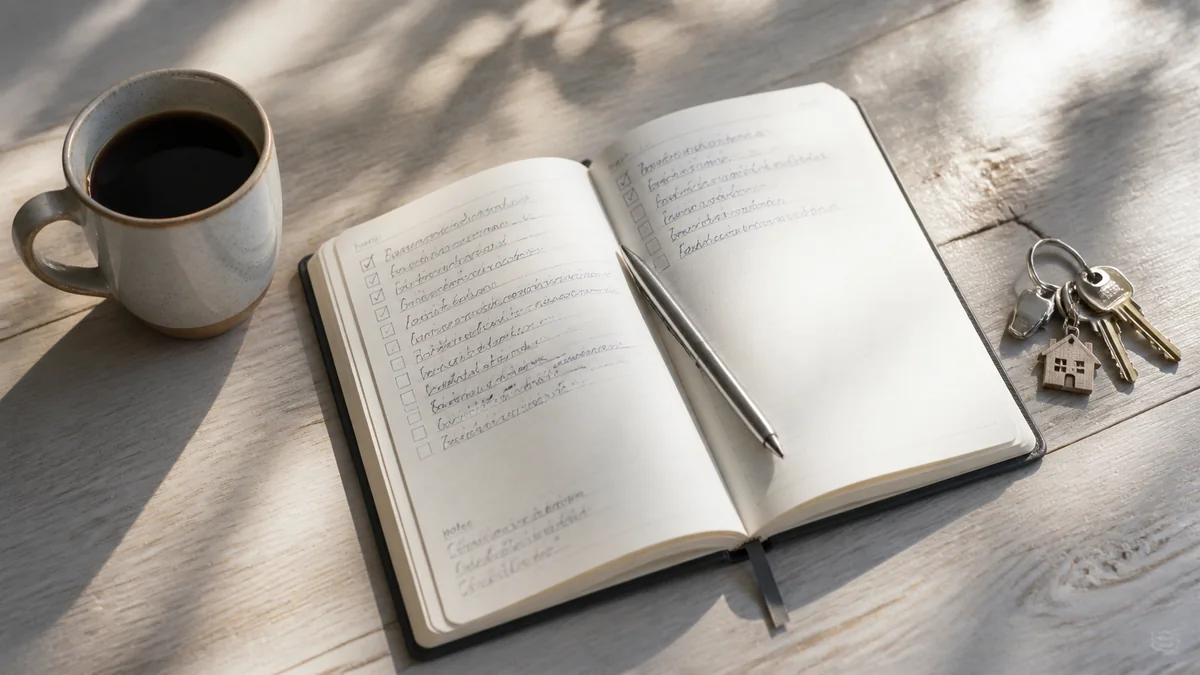A monthly planner open on a desk beside a cup of coffee