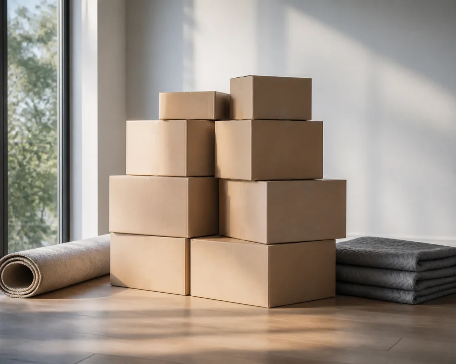 Moving boxes and household items stacked ready for transport
