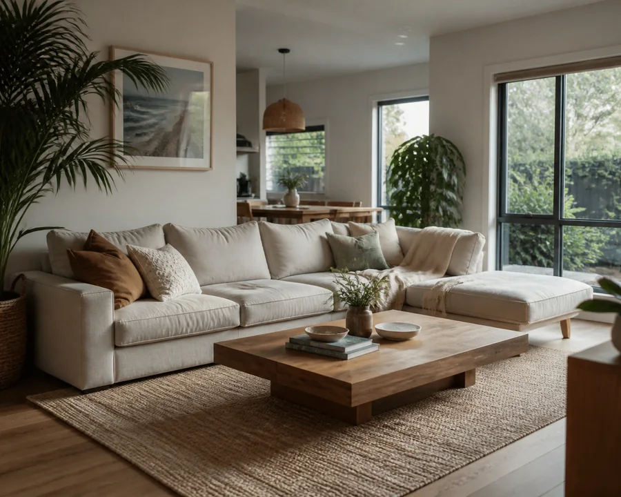 Furnished open plan living area in an Australian home