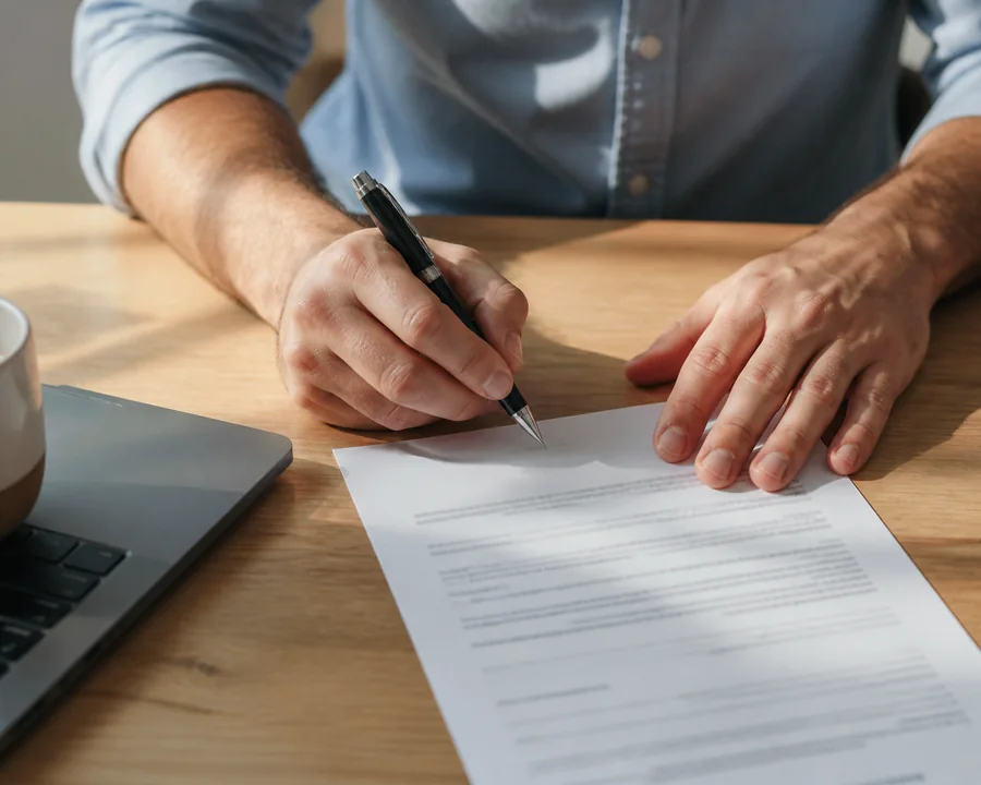 Person completing paperwork while planning a relocation