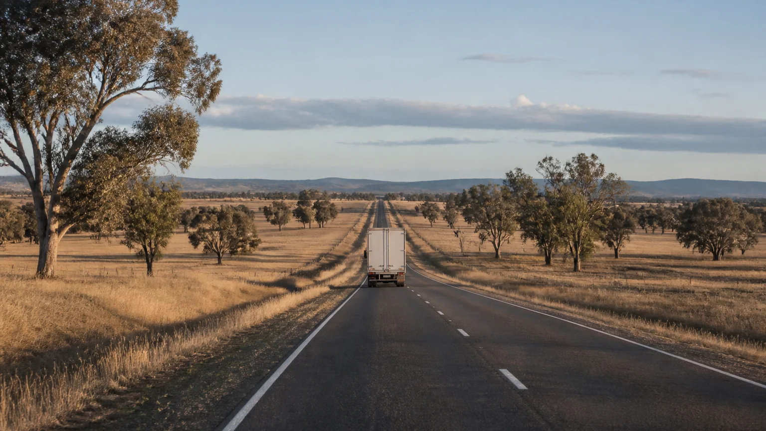 Freight truck travelling a long stretch of open Australian road