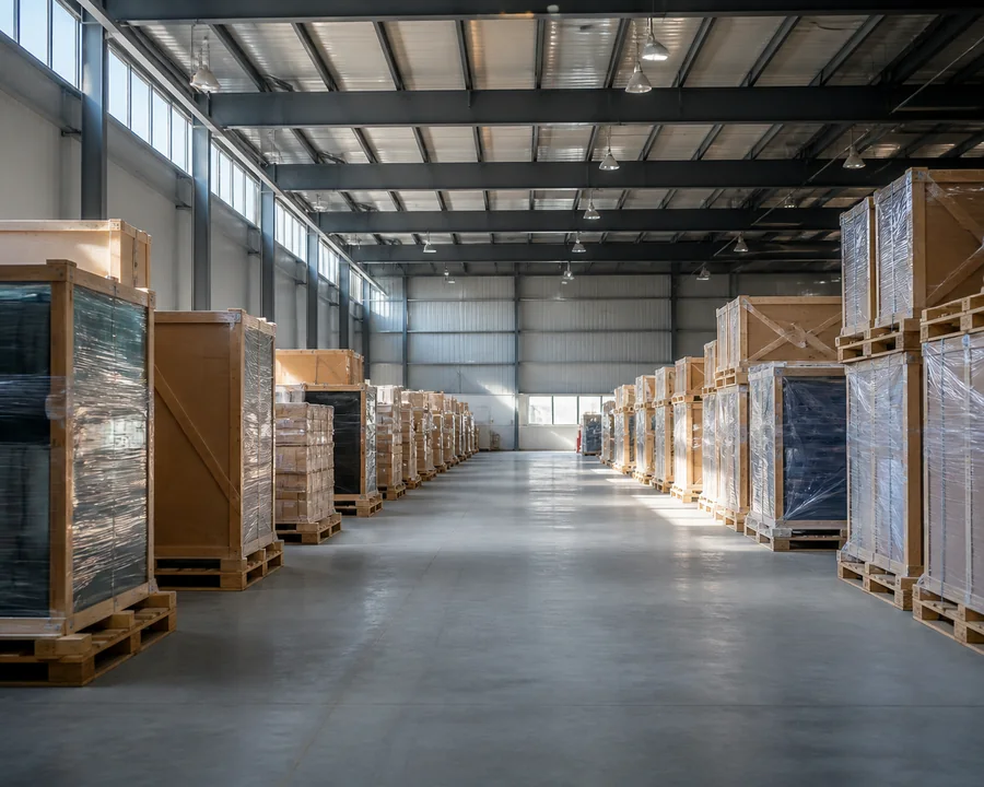 Palletised stock staged in a warehouse ready for collection